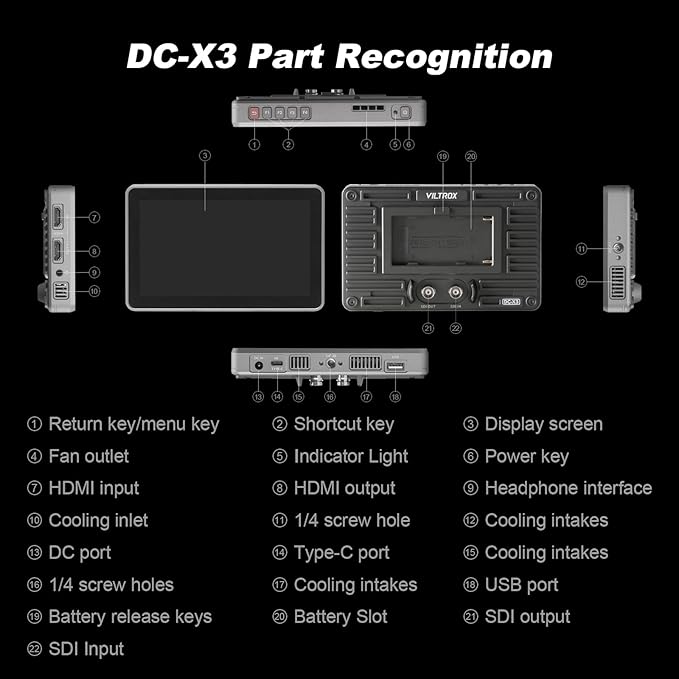 VILTROX DC-X3 6" Camera Field Monitors DCX3 for DSLR Touchscreen External Monitor 4k 2000nits X3 Monitor for Sony Canon Nikon 3D LUT 1920x1080 IPS with Sunshield 2200 MAh Battery