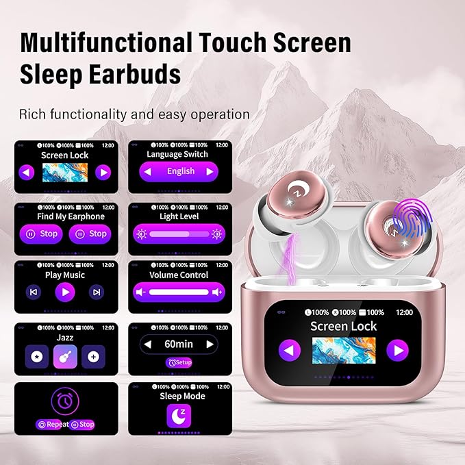 Sleep Earbuds Bluetooth 5.4 Smart Touch Screen in Ear Ear Buds, 48H Mini Sleep Headphones Small Design for Side Sleepers, Clear Calls, 5 EQ Modes, IPX7 Waterproof Earphones, Rose Gold Earbuds