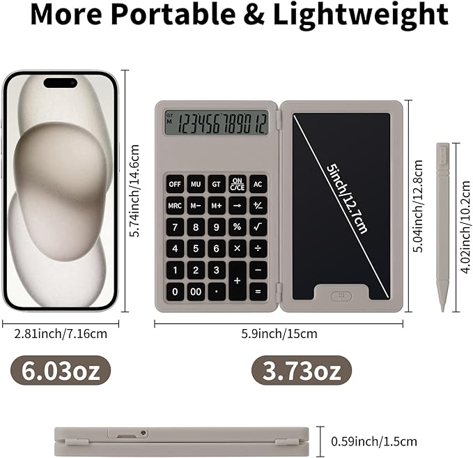 Desk Portable Basic Calculator with Notepad and Stylus, 12 Digit Large Display Multi-Function for Office, School, Home & Basic Financial (Khaki)