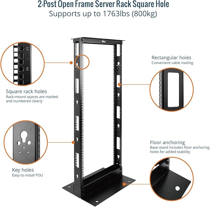 Tecmojo 27U 2-Post Open Frame Server Rack – 19" Network, Server, AV, Data & IT Equipment, Telecom & Patch Panel Mount, 1763 lbs Capacity, Black, Square Holes