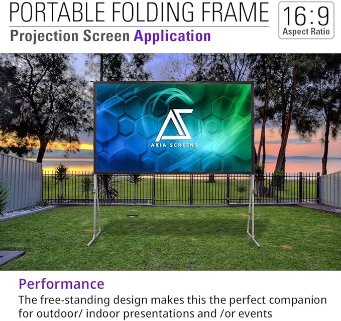 Akia Screens 145 inch Portable Outdoor Projector Screen with Stand and Bag 16:9 8K 4K Ultra HD 3D Adjustable Height Foldable Projection Screen Silver for Movie Video Home Theater AK-OS145H1