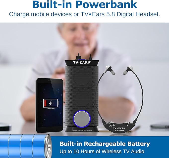 TV · EARS Wireless Speaker System for TV 5.8 GHz, Voice-Clarifying Speaker & Dual USB Charging, Long Range & Portable Entertainment System, Noise Cancellation & Works w/o Wi-Fi, Black