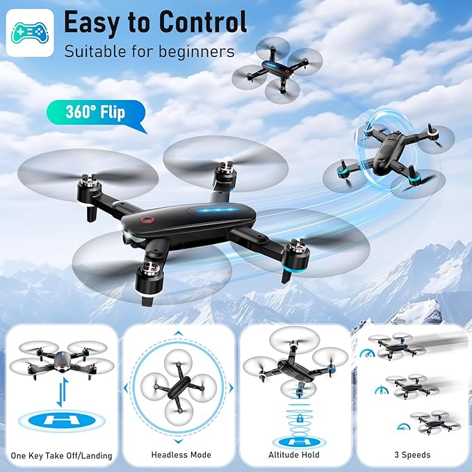 Drone with Camera, Mini Drone for Kids with 1080P HD FPV Camera, Brushless Motor, One Key Take Off/Land, Altitude Hold, 360°Flip, Waypoint Fly, Gestures Selfie, 3 Speed, 2 Battery, Toys for Beginners