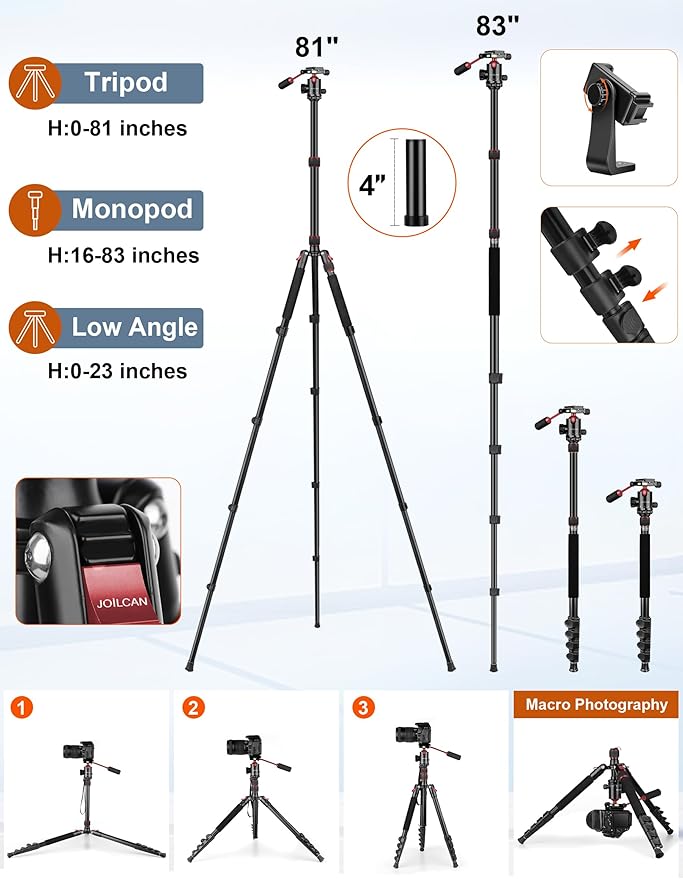 JOILCAN Camera Tripod, 83" Heavy Duty Aluminum Tripod for DSLR/Camera/Smartphone - with Handle, Converts to Monopod, Holds 35lbs