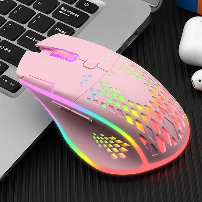 VEGCOO Wireless Gaming Mouse, C30 Silent Click Wireless Rechargeable Gaming Mouse with Double-Click Key and Colorful LED Lights, 3 Level Adjustable DPI for Gaming and Working (Pink)