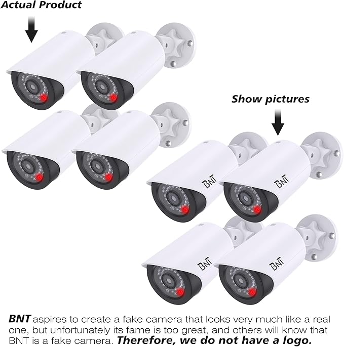 BNT Dummy Fake Security Camera, with One Red LED Light at Night, for Home and Businesses Security Indoor/Outdoor (4 Pack, White)