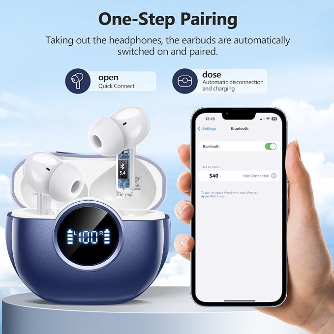 Wireless Earbuds 2025 NEW Bluetooth 5.4 Headphones Bass 3D Stereo,In-Ear Earphones with 4 ENC Noise Cancelling Mic,48H Playtime with LED Display, IPX7 Waterproof for Laptop Android iOS, Gemstone Blue