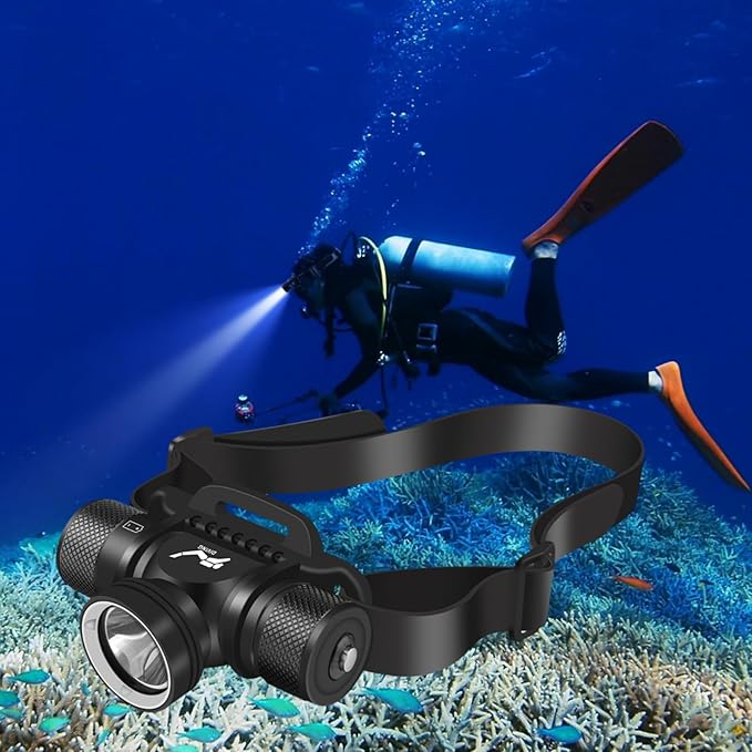 WINDFIRE Scuba Diving Light, Long Range Diving Flashlight Headlamp, 5 Modes Dive Flashlight, Ultra Bright IPX8 Waterproof Underwater 80 Meters Safety Snorkeling Head Light with Power Indicator