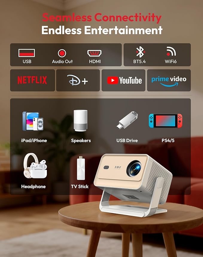 Xgody Netflix Certified Native 1080P Full HD Projector 700ANSI High Brightness, 4-Way Auto-Aligning & Voice Controlled Gimbal N6 PRO Smart Projector, WiFi 6, Bluetooth 5.4, Perfect for Bedroom