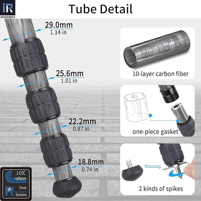 Carbon Fiber Tripod-INNOREL RT75C Super Professional Tripod Monopod Heavy Duty Stand Support Low Gravity Center 360°Panoramic ballhead for Digital DSLR Camera Black