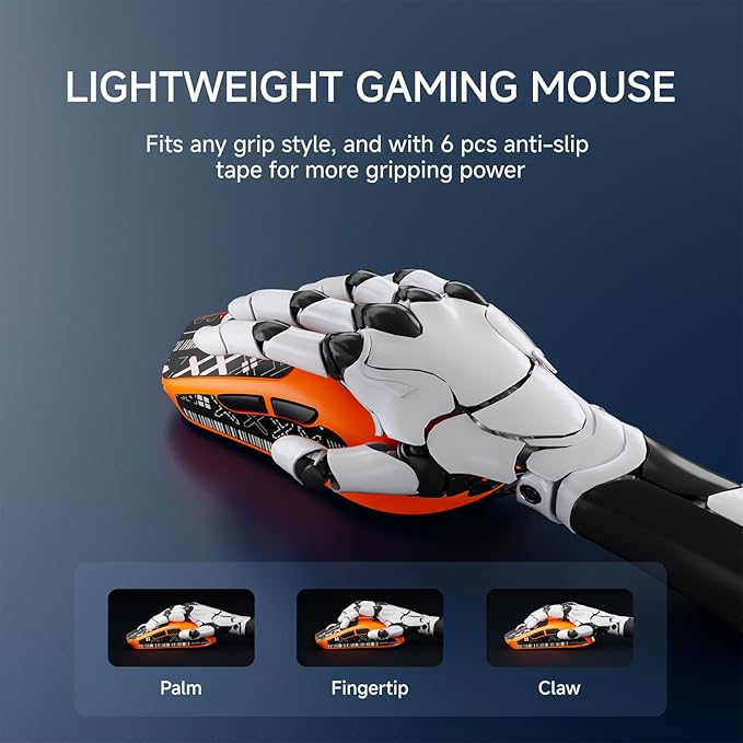 EWEADN X23Pro Wireless Gaming Mouse, 49g Lightweight Mouse, PAW3311 Sensor, 12000 DPI, 2.4G/BT5.0/USB-C Rechargeable Wireless Mouses with 6 Programmable Button, Grip tape, for Laptop/PC/Mac, Orange