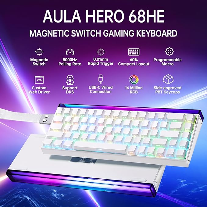 x Aula Hero 68he 60% Gaming Keyboard Wired, Hall Effect Keyboard Magnetic Switch RGB Backlit with Adjustable Actuation,Rapid Trigger Mode,8K Hz Polling Rate,0.125ms Latency,Side Printed PBT Keycaps