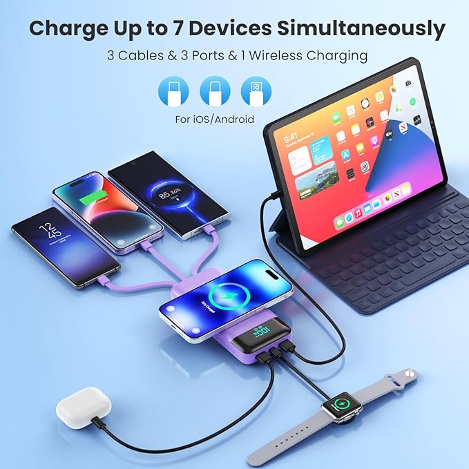 Wireless Portable Charger 40800mAh for iPhone with 3 Built-in Cables,7-in-1 15W Wireless Charging USB C Power Bank,LCD Display 25W PD QC 4.0 Fast Charging Battery Pack for iPhone 16/15/14/13 -Purple