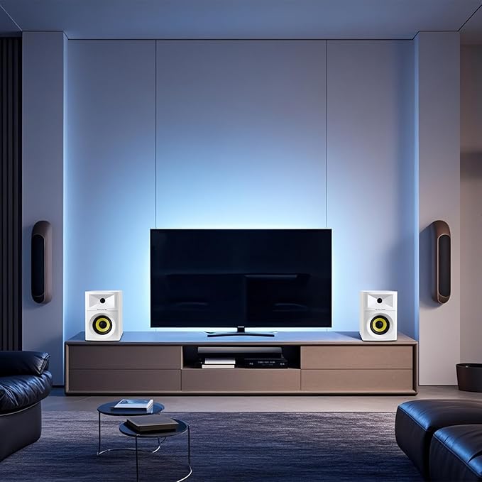 Sanyun SW205 4" Bookshelf Speakers | Immersive HiFi Audio with Virtual Surround | Flagship DAC/DSP Engine | Geometric Diffusion Cabinet | 80W, Bluetooth 5.4/Optical/AUX Inputs, Wireless Remote, White