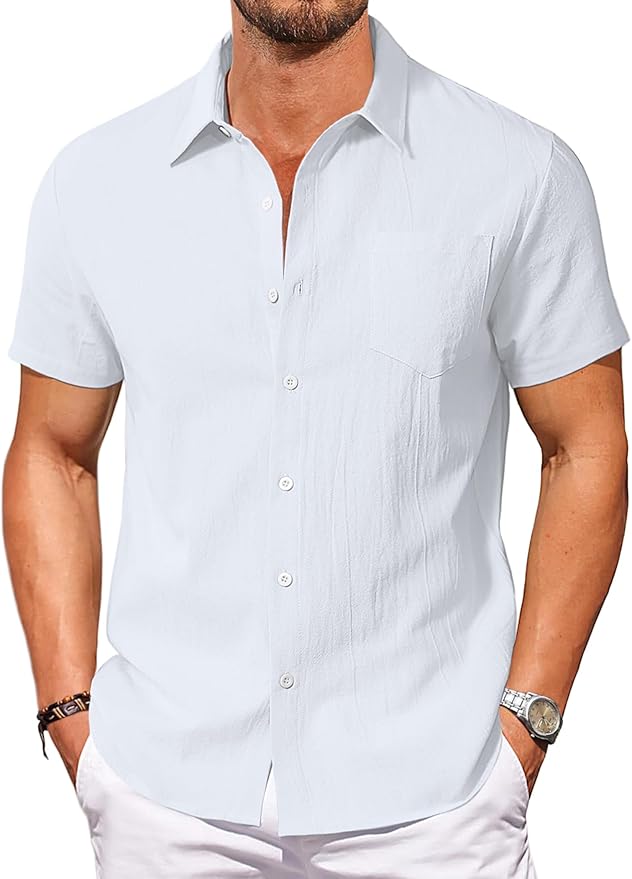 Vssjavun Mens Short Sleeve Button Down Shirts Casual Cotton Shirt Summer Beach Tops with Pocket