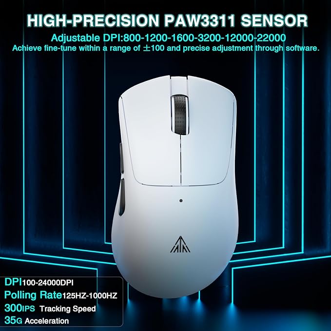 SM805 Lightweight Wireless Gaming Mouse,24000 DPI,Tri-Modes Connection,BT5.0/Type-C Wired/2.4G Wireless Mouse Gaming with 2 Side Buttons, Engineering Grip Custom Mouse for Gamer,White