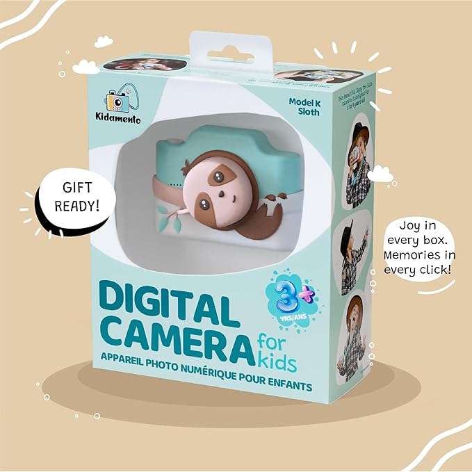 Kidamento Kids Digital Camera & Video Camcorder with Touchscreen, Soft Silicone Casing, Detachable Lens Cap, 32GB Memory Card - Model K Zippy The Sloth