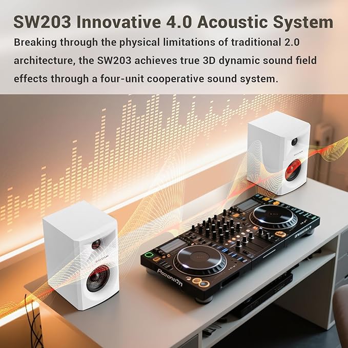 Sanyun SW203 4.0 Computer Speakers - 60W 4-Way DSP Control 3D Immersive Sound - 3" Carbon Fiber Woofer & 20mm Silk Dome Tweeter - 24bit DAC USB/Bluetooth 5.4/AUX - Studio-Grade Audio (Pair, White)