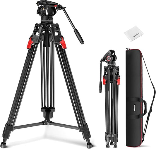 NEEWER 76" Video Camera Tripod with Fluid Head, One Step Quick Release Heavy Duty Aluminum Portable Tripod Stand with Cleaning Cloth, Dual Mode QR Plate for DSLR Camcorder, Max Load 17.6lb, LL27