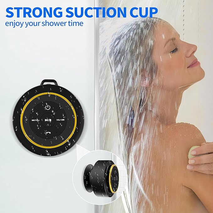Shower Speaker Bluetooth Waterproof, Portable Mini Bluetooth Shower Speakers Waterproof with Suction Up and Clip, IPX7 Waterproof Floating Bathroom Speaker for Pool Beach Kayak, Beach Gifts（Gold