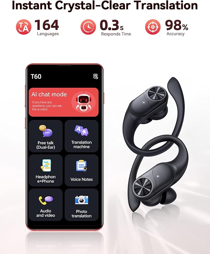 Translation Earbuds Real Time 164 Languages AI Translator Ear Buds 80Hrs Playtime Audifonos Traductores Inglés Español with 8 Translate Modes Bluetooth Headphones for Travel Meeting Learning Black