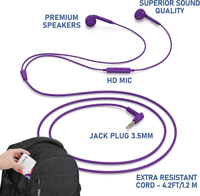 LUDOS Zenith Wired Earbuds in-Ear Headphones, 2 Years Warranty, Earphones with Microphone, Corded for 3.5mm Jack Ear Buds for iPhone, Samsung, Computer, Laptop, Kids, School Students, Woman - Purple