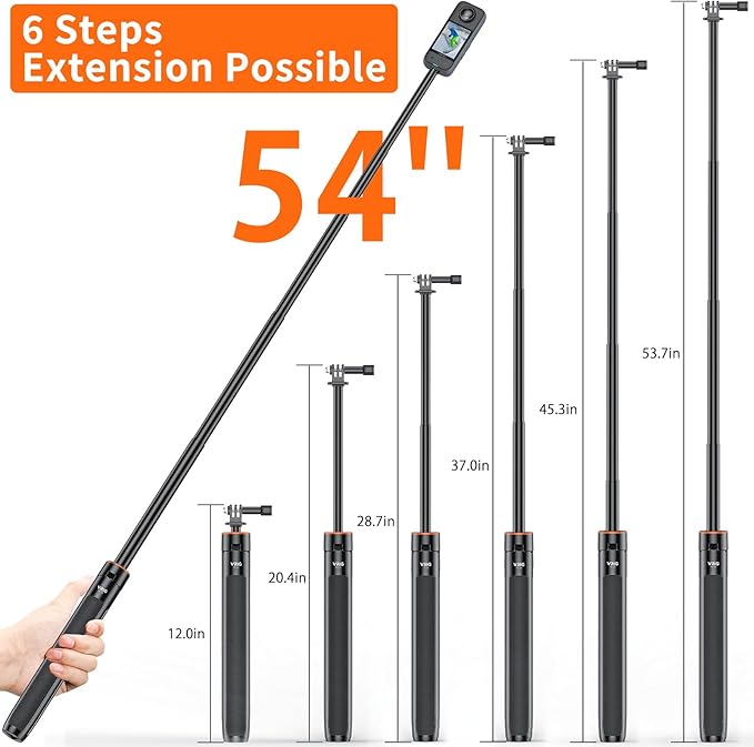 VRIG TP21 54inch Telescopic Selfie Stick Long with Tripod, Waterproof Hand Grip with 1/4" Screw for Insta360 X5/X4 /X3/X2 /ACE PRO, DJI Osmo Action 5Pro/4/3,Pocket 3,GoPro Hero 13 12 11 10 9