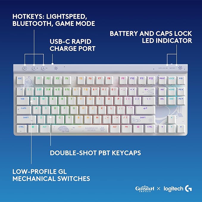 Logitech G515 Wireless Gaming Keyboard TKL, Low Profile, Kamisato Ayaka Special Edition, LIGHTSYNC RGB, Thin Tenkeyless Design, Double-Shot PBT Keycaps, Tactile Brown Mechanical Switches