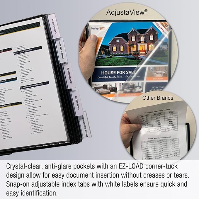 Ultimate Office AdjustaView 10-Pocket Desk Reference Organizer with Supplies Storage Base and EZ-LOAD Pockets to Hold 20 Sheets of Paper, Includes Fast Find Indexing Tabs, Black Pockets