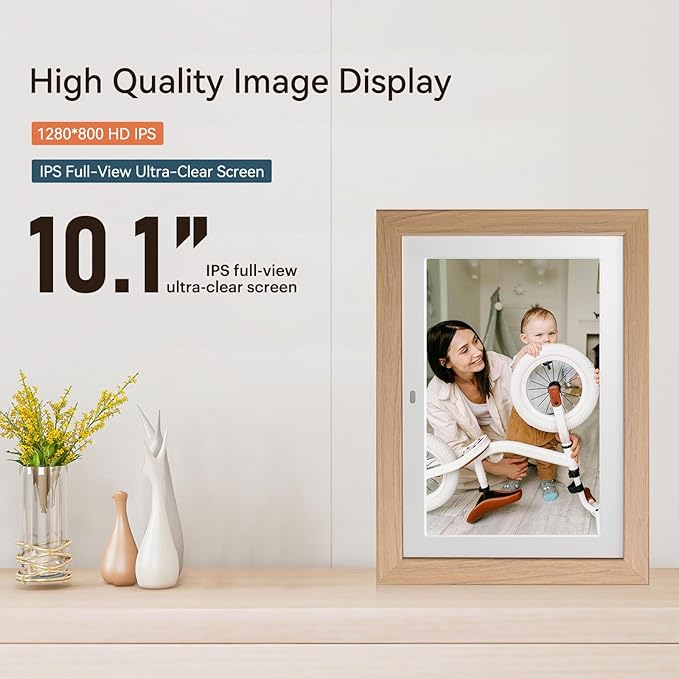 10.1" Digital Picture Frame with Remote Control, 1280 * 800 IPS Full View Ultra Clear Screen, Removable Wooden Frame, Share Videos Photos Send Wishes Auto-Rotate Slideshow Non-WiFi