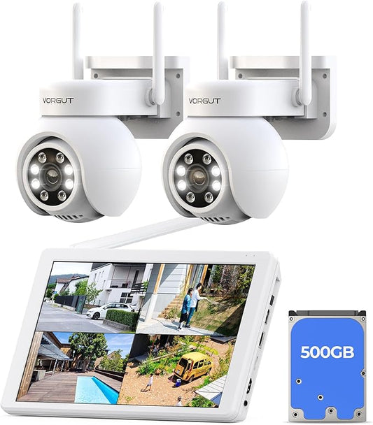 Wireless Security Camera System with 10" LCD Monitor, 2PCS 3MP PTZ Outdoor Camera for Home Surveillance, 10CH NVR with 500G HDD,Auto Tracking,Human Detection,Color Night Vision,No Monthly Fee