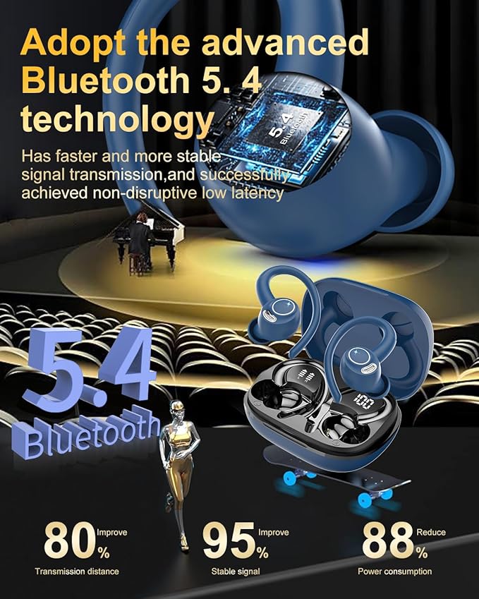 Wireless Earbuds, Bluetooth 5.4 Headphones Sport, Over Ear Buds with ENC Noise Cancelling Mic, 48H, Wireless Earphone with Earhooks, Stereo Deep Bass, IP7 Waterproof Ear Bud for Workout Running, Blue