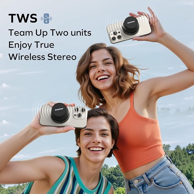 MOMAX Magnetic Portable Bluetooth Speaker - Mini Waterproof Shower Speaker with Bass, 12H Playtime, Outdoor Speaker True Wireless Stereo Pairing for Golf, Beach, Home, Travel, Gift Ideas