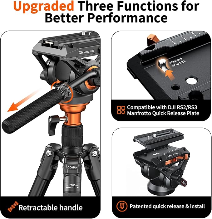 COMAN Camera Tripod with Fluid Head, 70.8" Detachable Compact Tripod with Monopod Aluminium Alloy and Quick Release Plate for DJI Canon Nikon Sony DSLR Camera Black Max Load 17.6lb