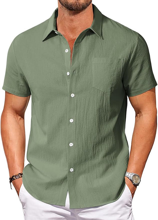 Vssjavun Mens Short Sleeve Button Down Shirts Casual Cotton Shirt Summer Beach Tops with Pocket