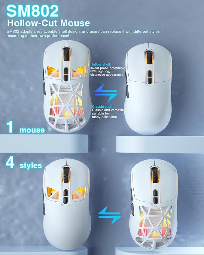 SM802 White Wireless Gaming Mouse,10000 DPI,Tri-Mode Wired/BT 5.0/2.4GHz Wireless Mouse Gaming with Side Button,RGB Programmable Macro Mouse for Laptop