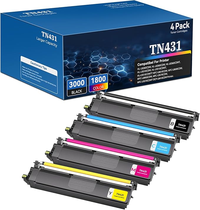 TN 431 Toner Cartridges Replacement hl-l8260cdw hl-l8360cdw for Brother TN431 TN-431 TN433 TN436 Toner (with Chip) Works for mfc-l8610cdw, mfc-l8900cdw Printer 4Pack(1BK+1C+1M+1Y)