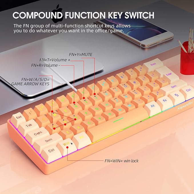 Snpurdiri 60% Wired Gaming Keyboard, RGB Backlit Ultra-Compact Mini Keyboard, Waterproof Mini Compact 61 Keys Keyboard for PC/Mac Gamer, Typist, Travel (Cream and Orange)