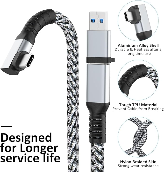 Link Cable 16FT VR Cable Compatible with Meta Oculus Quest 2/Quest 3S/Quest 3/Pro Pico, Nylon Braided Accessories and Gaming PC Steam VR, USB 3.0 Data Transfer Type C Cable, for VR Headset