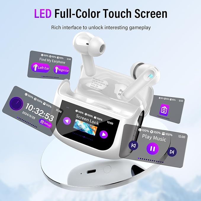 Wireless Earbuds, Bluetooth 5.4 Ear Buds with Multifunctional Touch Screen, 48H Bass Stereo Headphones with ANC/ENC Noise Cancelling/Transparency Mode, IPX7 Earphones with 5 EQ Modes, White
