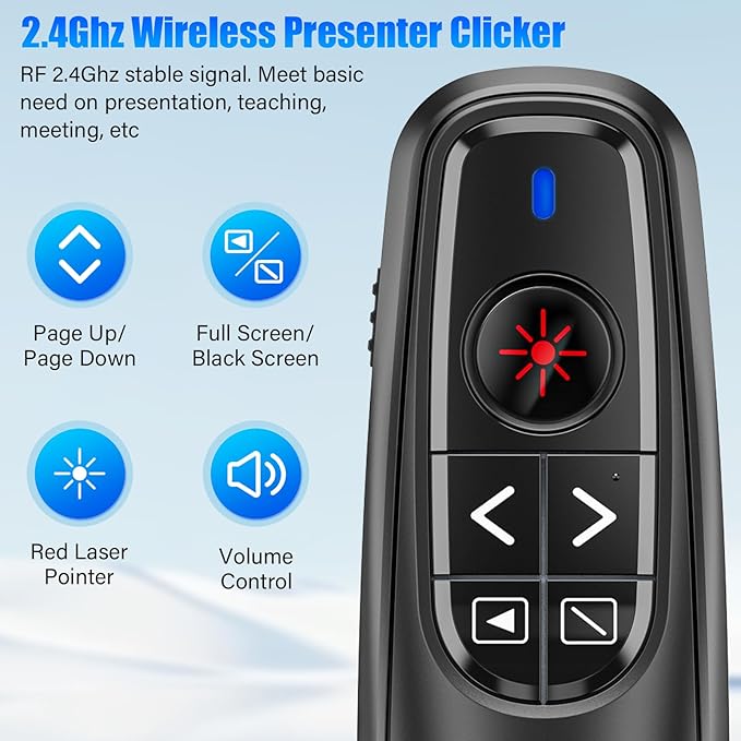 Presentation Clicker Wireless Presenter Remote Clicker, USB C PowerPoint Clicker for Presentation with Laser Pointer, RF 2.4GHz Computer Pointer Clicker Slide Advancer for Google Slides,Mac,Laptop