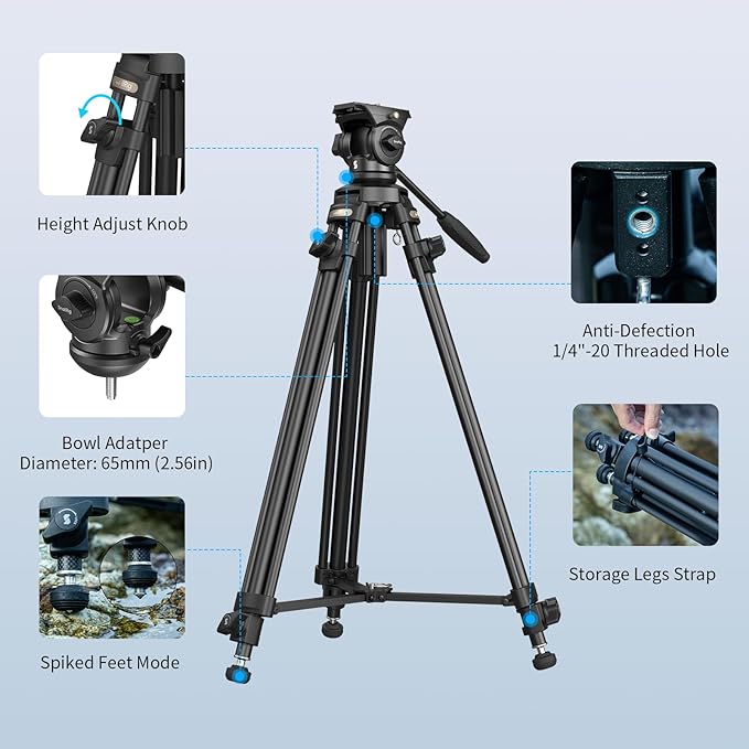 SmallRig AD-50 Lite Video Tripod, Heavy Duty Tripod with 360°Fluid Head, 62" Aluminum Alloy Travel Tripods with QR Plate, Lift Rope, Load up to 11lb for DSLR, Camcorder, Camera