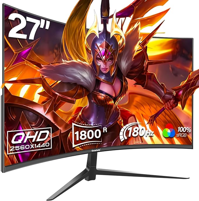 27 Inch Gaming Curved Monitor, 180Hz QHD 2560x1440p PC Monitor with AMD FreeSync, Flicker-Free, HDMI 2.0, DP 1.4, Ultra-Thin Frameless 2K Computer Screen