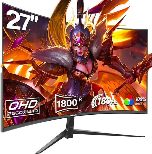 27 Inch Gaming Curved Monitor, 180Hz QHD 2560x1440p PC Monitor with AMD FreeSync, Flicker-Free, HDMI 2.0, DP 1.4, Ultra-Thin Frameless 2K Computer Screen
