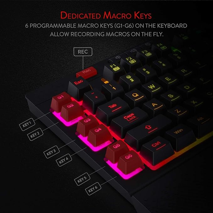 Redragon K512 Shiva RGB Backlit Membrane Gaming Keyboard with Multimedia Keys, Linear Mechanical-Feel Switch, 6 Extra On-Board Macro Keys, Dedicated Media Control, Detachable Wrist Rest