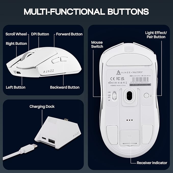AJAZZ AJ139 V2 MC Gaming Mouse with Charging Base, Adjustable 12,000 DPI, PAW3311 Sensor, 3 Modes Wireless Mouse, 500mAh Battery, 1000 Polling Rate, 66g Lightweight, Win/Mac (White)