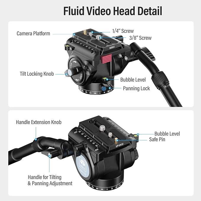 SIRUI SVM-165 Carbon Fiber Camera Monopod with Feet, 68.7" Professional Lightweight Travel Monopod with Fluid Video Head for DSLR Camera, One-Step Height Adjustment, Modular, Max Load 22lbs