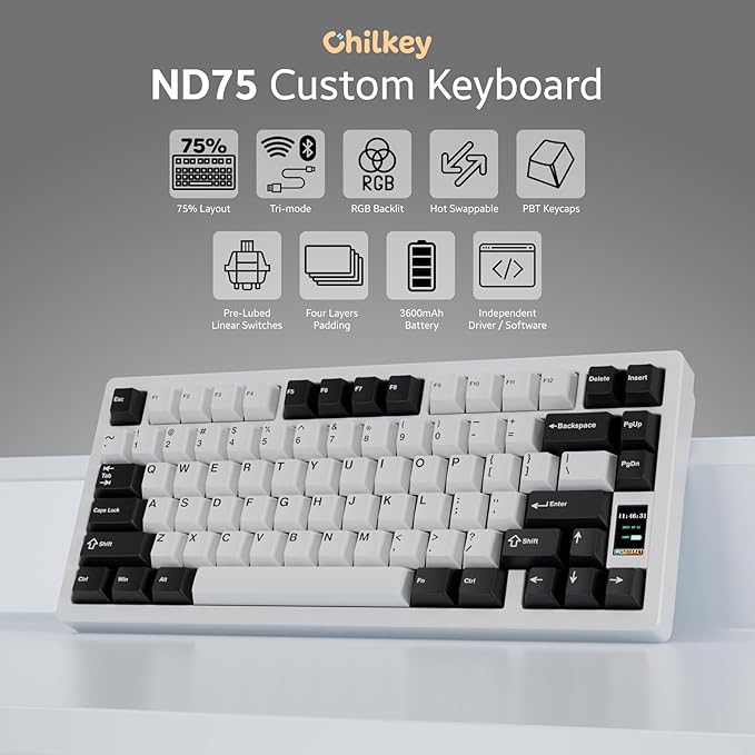Chilkey ND75 Aluminum 75% Wireless Mechanical Gaming Keyboard with LCD Screen, Quick Assembly, BT/2.4G/USB-C, Hot Swappable Per-Key RGB Custom Keyboard for Windows, MacOS