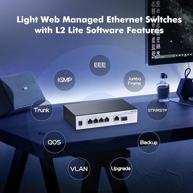10G Web Managed Switch, 4x2.5G RJ45 + 10G RJ45 + 10G SFP Ports, LACP/VLAN/QoS, Fanless Metal, YuLinca Ethernet Switch for NAS/Gaming/8K Streaming