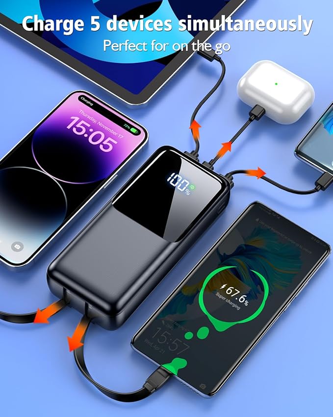 Portable Charger Power Bank - 40000mAh Fast Charging Powerbank Battery Pack with Built in USB-C(22.5W) and iOS(20W) Output Cable，Deep Black